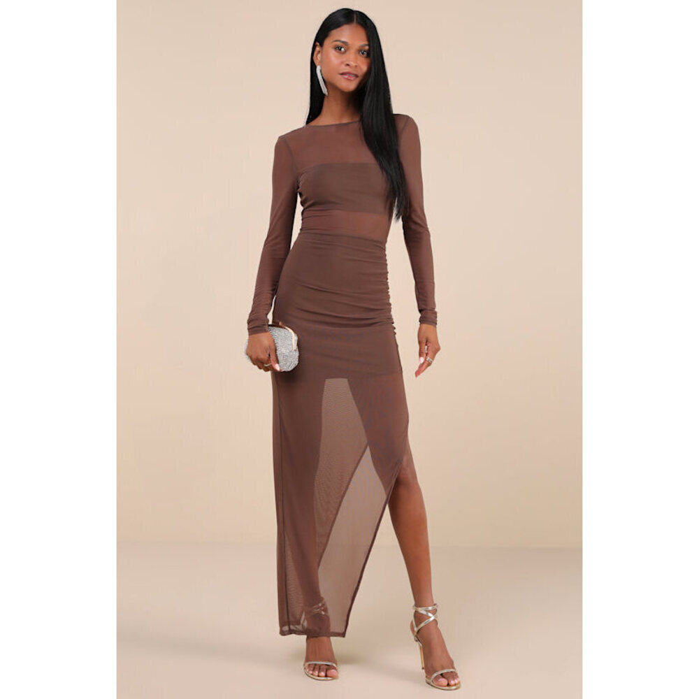 NWT Lulus Alluring Silhouette Dark Brown Sheer Mesh Backless Maxi Dress - Size M